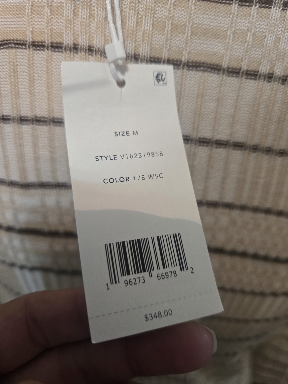 Vince Cream Ribbed Quarter-Sleeve Crewneck Top with Brown Stripes - Picture 7 of 7